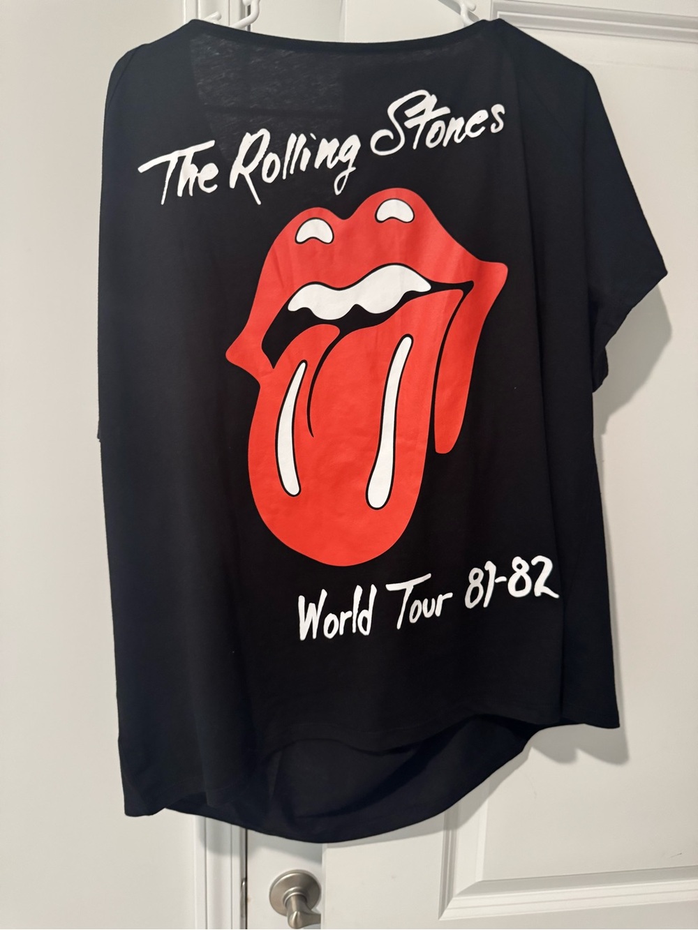 The Rolling Stones Black Off Shoulder Tee with Red Tongue Graphic